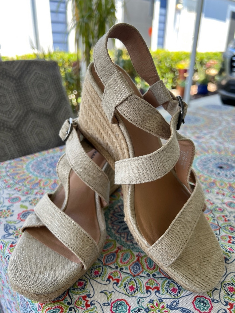 Lucky Brand Beige Linen Espadrille Wedge Sandals - Women size 6.5